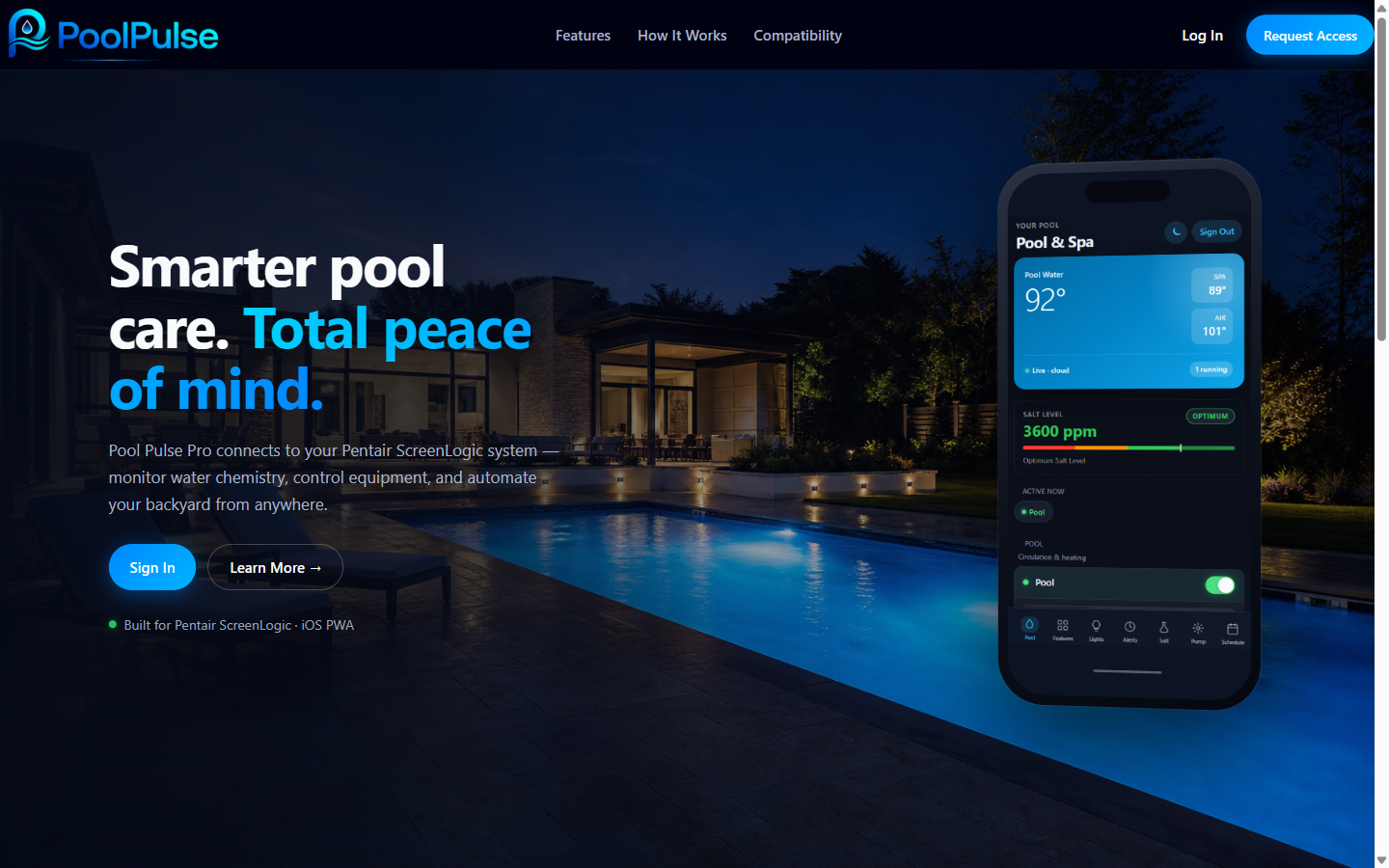 Pool Pulse Pro homepage showing pool temperature monitoring and equipment controls on a mobile dashboard
