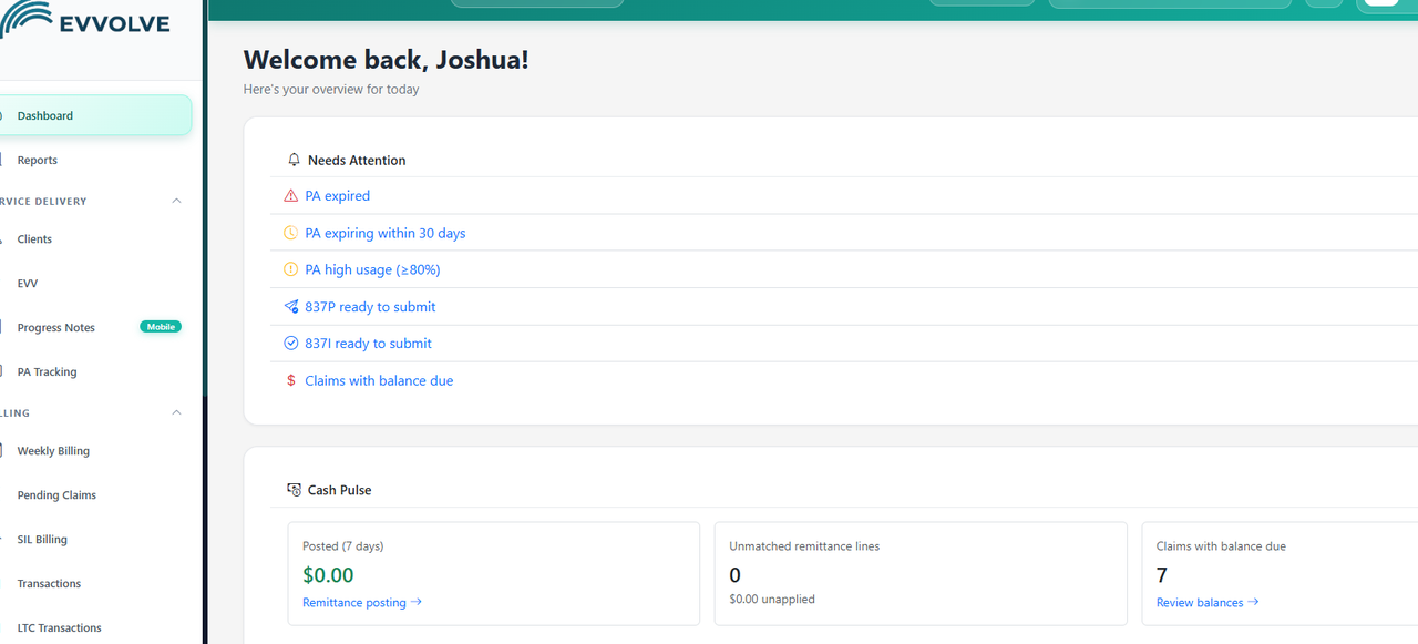 EVVolve Online executive dashboard showing needs attention items and cash pulse overview
